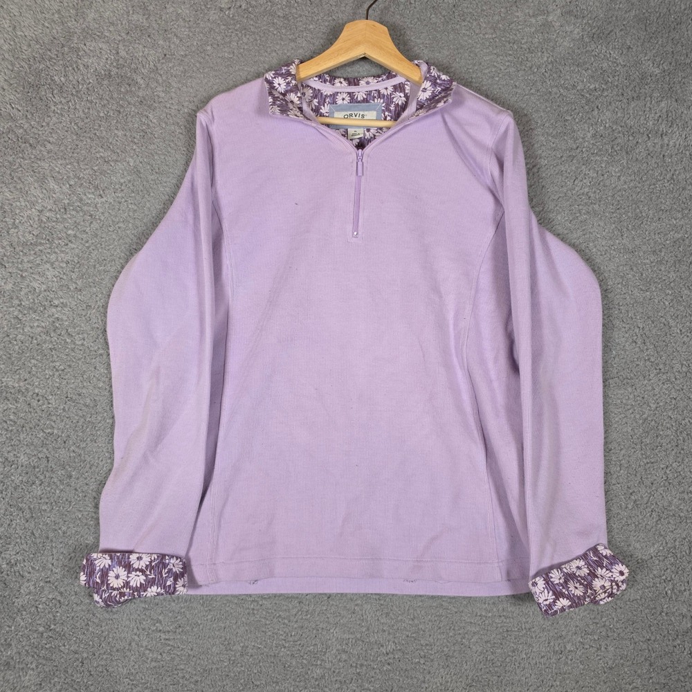 Orvis Quarter Zip Pullover Womens XL Purple Outdoor Ribbed Floral Sweatshirt